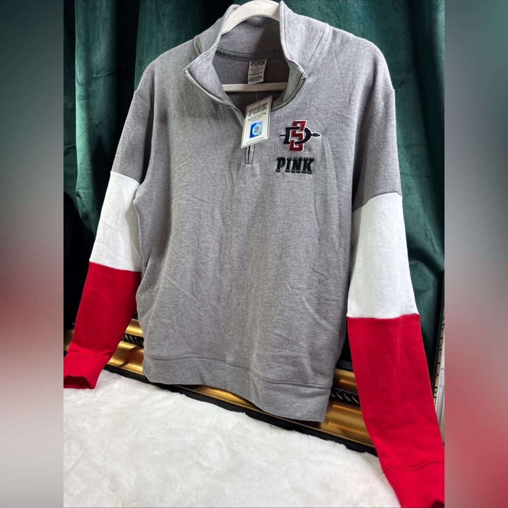 PINK Victoria's Secret Gray Quarter-Zip Pullover with Red & White Sleeve Blocks